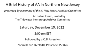 A Brief History of AA in Northern New Jersey @ Zoom Meeting I.D. & Passcode TBA