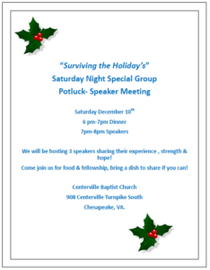 “Surviving the Holiday’s” Potluck Dinner/Speaker Meeting @ Centerville Baptist Church | Chesapeake | Virginia | United States