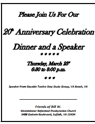 Friends of Bill W 20th Anniversary Dinner @ Westminster Presbyterian Church | Suffolk | Virginia | United States