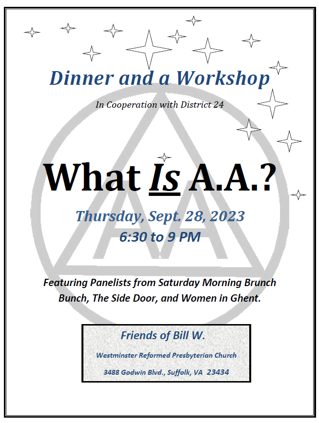 Dinner and a Workshop - What IS Alcoholics Anonymous? @ Westminster Reformed Presbyterian Church | Suffolk | Virginia | United States