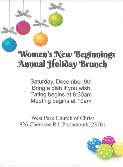 Women's New Beginnings - Annual Holiday Brunch @ West Park Church of Christ | Portsmouth | Virginia | United States