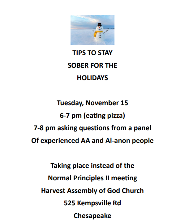 Principles II - Holiday Sobriety Tips @ Harvest Assembly of God Church | Chesapeake | Virginia | United States