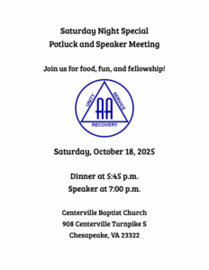 Saturday Night Special Potluck and Speaker Meeting @ Centerville Baptist Church | Chesapeake | Virginia | United States